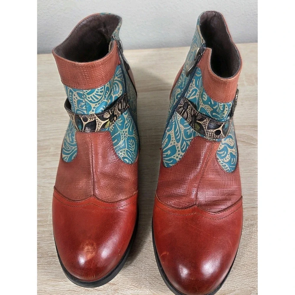 Socofy Bohemian Leather Ankle Boots Orange Red Teal Floral Side Zip Women's...
